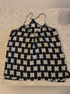 Madewell Blue Silk Top with White Floral / Geometric Print
